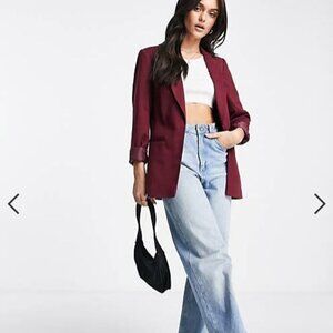 Bagatelle Burgundy Knit Longline Double Breasted Blazer